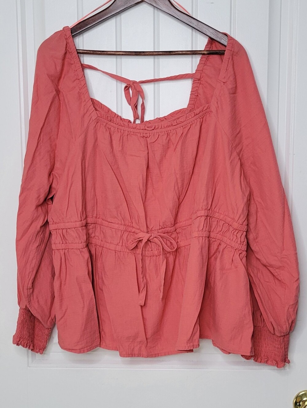 Ava & Viv Coral Tie-Front Peasant Blouse